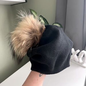 Black Slouchy Beanie w/ Brown & Black Puff Balls